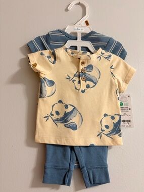 Panda Print Tan & Blue Baby Set for Newborn Baby